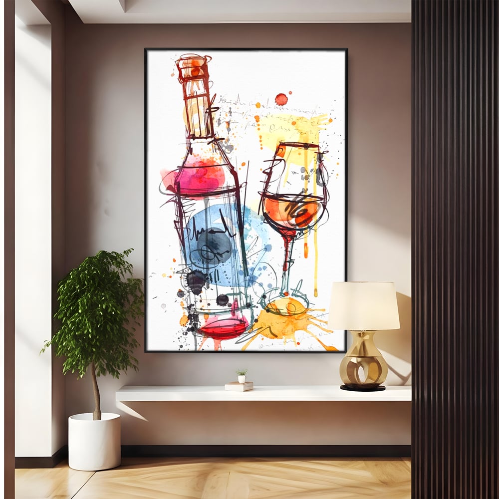 Tablou canvas cu tablou canvas cu sticla si pahar de vin, in rama de aluminiu negru
